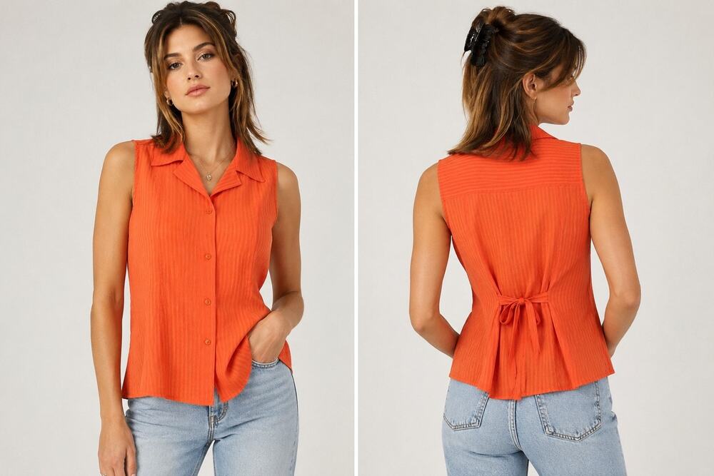Joanna Vintage 90s Orange Sleeveless Button Front Blouse Tie Back Large Textured